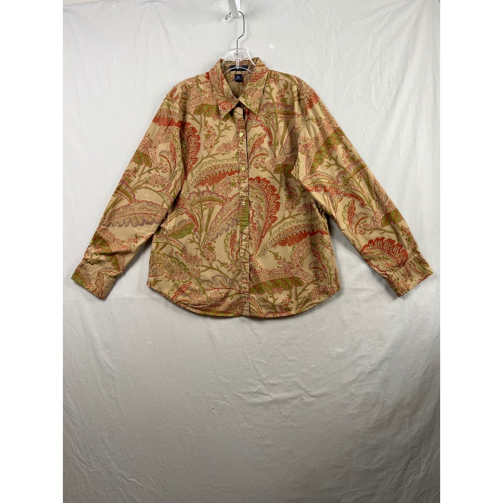 Chaps Button Down Shirt Womens XL Tan Paisley Cotton Long Sleeve Collared Top